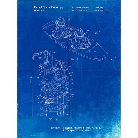 PP1131-Faded Blueprint Wakeboard Patent Poster Gold Ornate Wood Framed Art Print with Double Matting by Borders, Cole