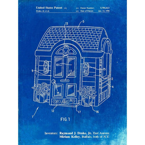 PP1132-Faded Blueprint Walk-in Childs Playhouse Poster Black Modern Wood Framed Art Print with Double Matting by Borders, Cole