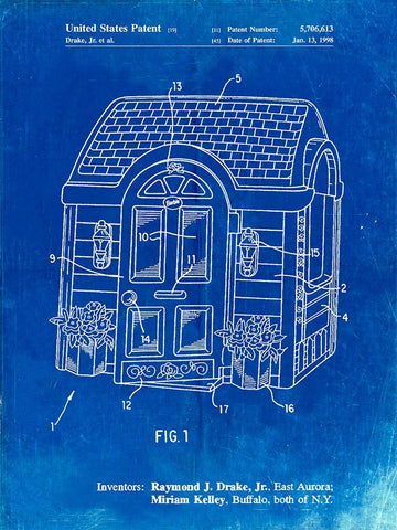 PP1132-Faded Blueprint Walk-in Childs Playhouse Poster White Modern Wood Framed Art Print with Double Matting by Borders, Cole