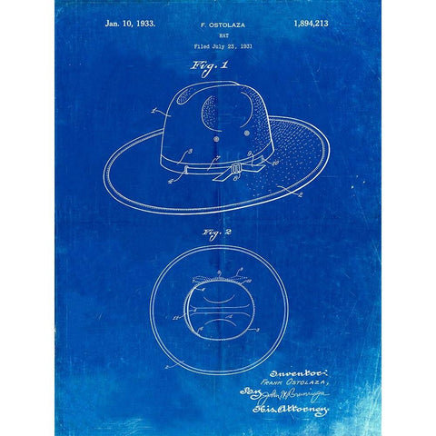 PP1134-Faded Blueprint Wide Brimmed Hat 1937 Patent Poster Gold Ornate Wood Framed Art Print with Double Matting by Borders, Cole