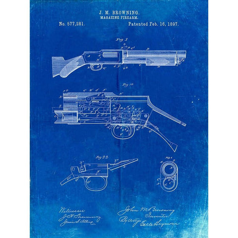 PP1136-Faded Blueprint Winchester Model 1897 Shotgun Gold Ornate Wood Framed Art Print with Double Matting by Borders, Cole