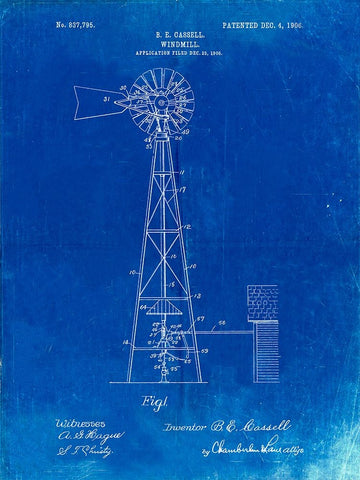 PP1137-Faded Blueprint Windmill 1906 Patent Poster White Modern Wood Framed Art Print with Double Matting by Borders, Cole