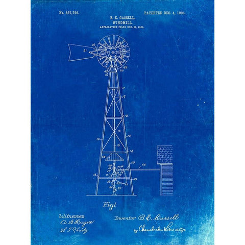 PP1137-Faded Blueprint Windmill 1906 Patent Poster White Modern Wood Framed Art Print by Borders, Cole
