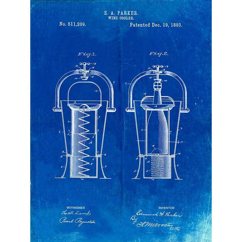 PP1138-Faded Blueprint Wine Cooler 1893 Patent Poster White Modern Wood Framed Art Print by Borders, Cole