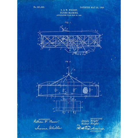 PP1139-Faded Blueprint Wright Brothers Aeroplane Patent Gold Ornate Wood Framed Art Print with Double Matting by Borders, Cole