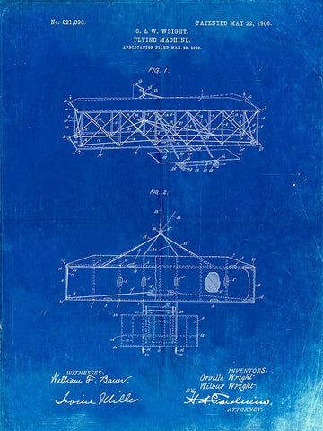 PP1139-Faded Blueprint Wright Brothers Aeroplane Patent White Modern Wood Framed Art Print with Double Matting by Borders, Cole