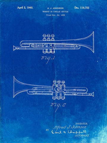 PP1140-Faded Blueprint York Trumpet 1939 Patent Poster White Modern Wood Framed Art Print with Double Matting by Borders, Cole