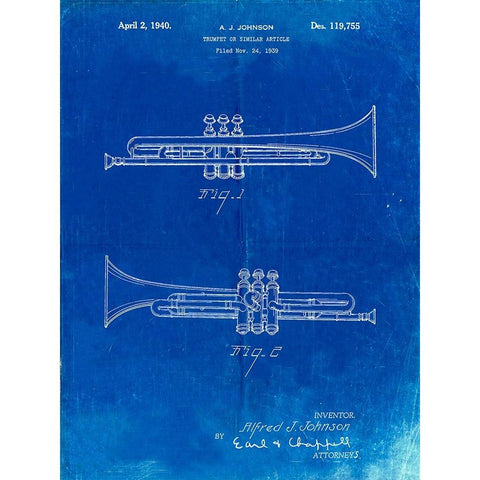 PP1140-Faded Blueprint York Trumpet 1939 Patent Poster White Modern Wood Framed Art Print by Borders, Cole