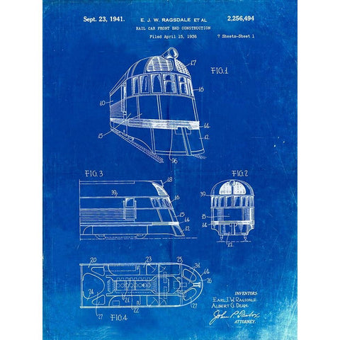 PP1141-Faded Blueprint Zephyr Train Patent Poster White Modern Wood Framed Art Print by Borders, Cole