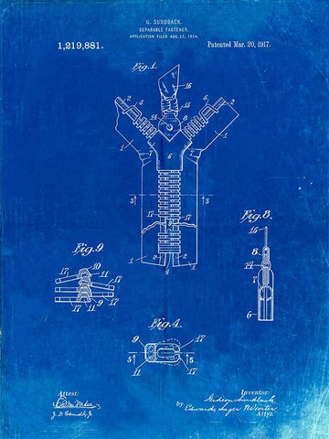 PP1143-Faded Blueprint Zipper 1917 Patent Poster Black Ornate Wood Framed Art Print with Double Matting by Borders, Cole