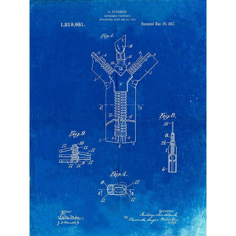 PP1143-Faded Blueprint Zipper 1917 Patent Poster White Modern Wood Framed Art Print by Borders, Cole