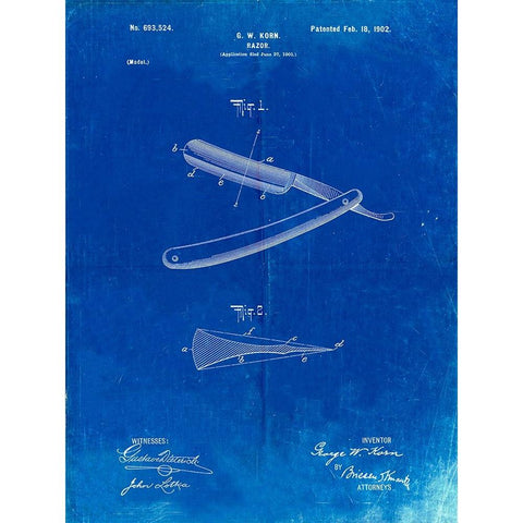PP1178-Faded Blueprint Straight Razor Patent Poster Black Modern Wood Framed Art Print by Borders, Cole