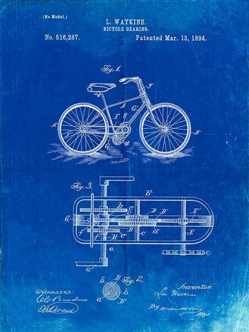 PP51-Faded Blueprint Bicycle Gearing 1894 Patent Poster White Modern Wood Framed Art Print with Double Matting by Borders, Cole