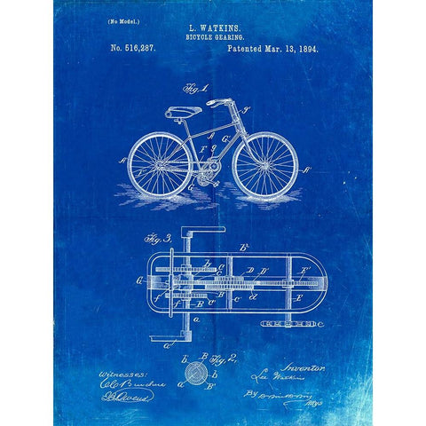 PP51-Faded Blueprint Bicycle Gearing 1894 Patent Poster White Modern Wood Framed Art Print by Borders, Cole