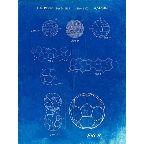 PP54-Faded Blueprint Soccer Ball 1985 Patent Poster Black Modern Wood Framed Art Print with Double Matting by Borders, Cole