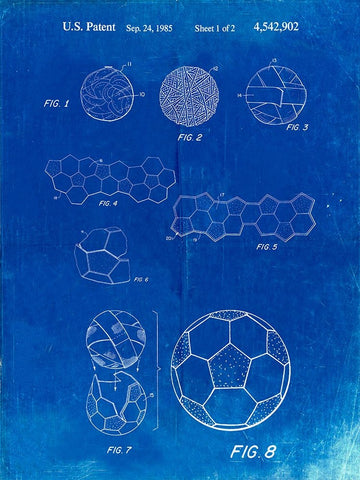 PP54-Faded Blueprint Soccer Ball 1985 Patent Poster White Modern Wood Framed Art Print with Double Matting by Borders, Cole