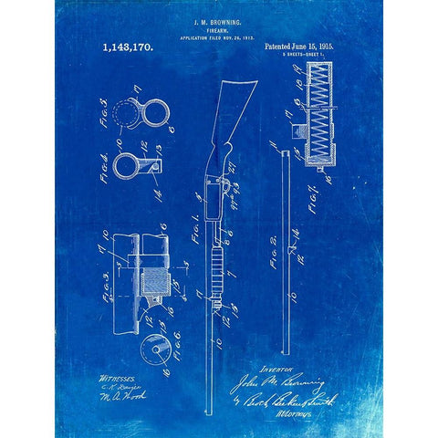 PP74-Faded Blueprint Ithaca Shotgun Patent Poster White Modern Wood Framed Art Print by Borders, Cole