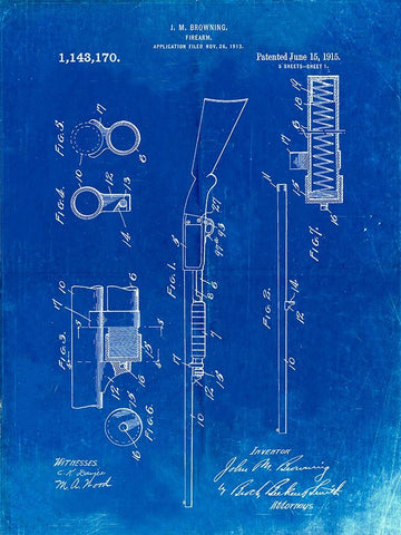 PP74-Faded Blueprint Ithaca Shotgun Patent Poster White Modern Wood Framed Art Print with Double Matting by Borders, Cole