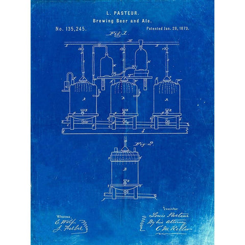 PP80-Faded Blueprint Brewing Beer And Ale Poster Gold Ornate Wood Framed Art Print with Double Matting by Borders, Cole