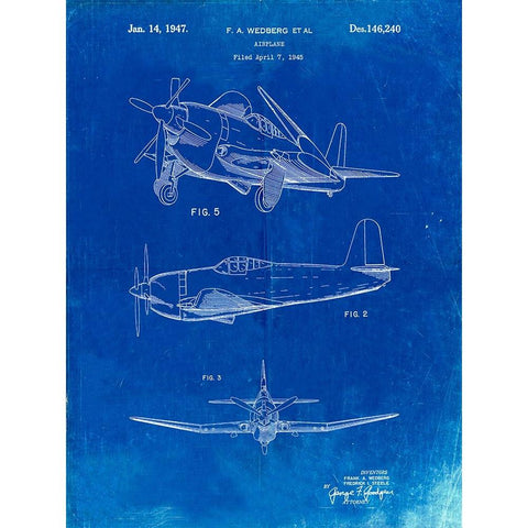 PP82-Faded Blueprint Contra Propeller Low Wing Airplane Patent Gold Ornate Wood Framed Art Print with Double Matting by Borders, Cole