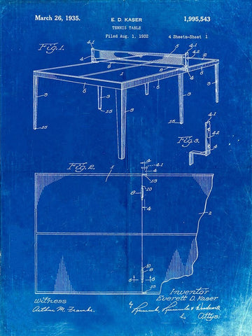 PP92-Faded Blueprint Table Tennis Patent Poster Black Ornate Wood Framed Art Print with Double Matting by Borders, Cole