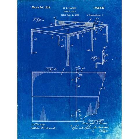 PP92-Faded Blueprint Table Tennis Patent Poster White Modern Wood Framed Art Print by Borders, Cole