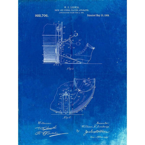 PP103-Faded Blueprint Ludwig Kickdrum and Cymbal Poster Gold Ornate Wood Framed Art Print with Double Matting by Borders, Cole