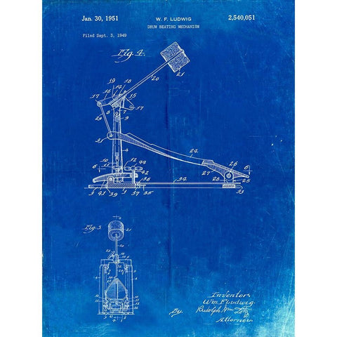 PP104-Faded Blueprint Drum Kick Pedal Poster Black Modern Wood Framed Art Print with Double Matting by Borders, Cole