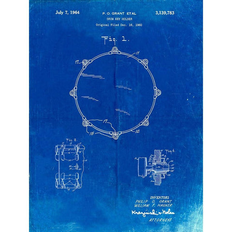 PP105-Faded Blueprint Drum Key Holder Patent Poster Black Modern Wood Framed Art Print with Double Matting by Borders, Cole