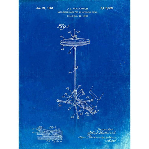 PP106-Faded Blueprint Hi Hat Cymbal Stand and Pedal Patent Poster Black Modern Wood Framed Art Print with Double Matting by Borders, Cole