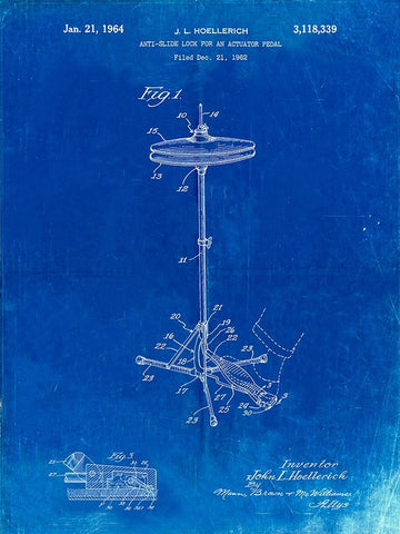 PP106-Faded Blueprint Hi Hat Cymbal Stand and Pedal Patent Poster White Modern Wood Framed Art Print with Double Matting by Borders, Cole