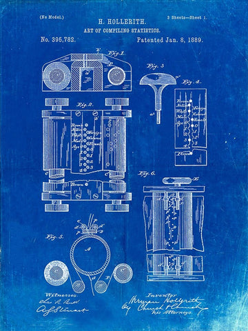 PP110-Faded Blueprint Hollerith Machine Patent Poster Black Ornate Wood Framed Art Print with Double Matting by Borders, Cole