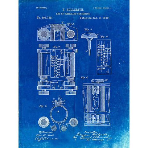 PP110-Faded Blueprint Hollerith Machine Patent Poster Gold Ornate Wood Framed Art Print with Double Matting by Borders, Cole