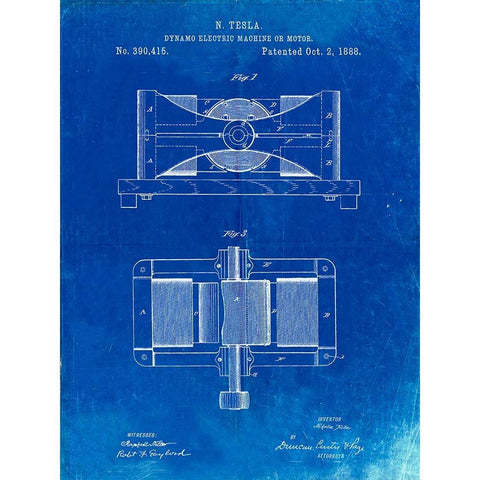 PP111-Faded Blueprint Tesla Dynamo Electric Machine Poster Gold Ornate Wood Framed Art Print with Double Matting by Borders, Cole