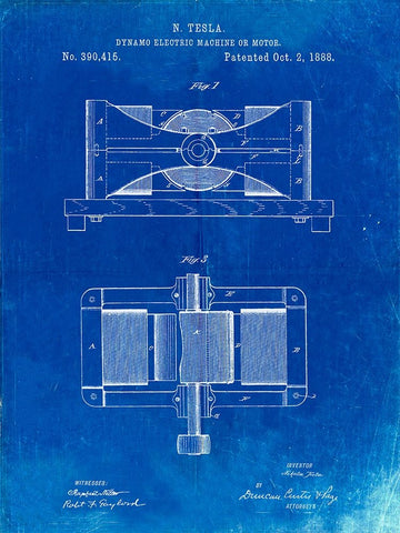 PP111-Faded Blueprint Tesla Dynamo Electric Machine Poster White Modern Wood Framed Art Print with Double Matting by Borders, Cole
