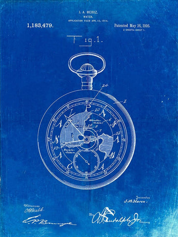 PP112-Faded Blueprint U.S. Watch Co. Pocket Watch Patent Poster White Modern Wood Framed Art Print with Double Matting by Borders, Cole