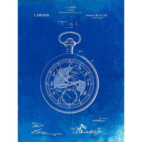 PP112-Faded Blueprint U.S. Watch Co. Pocket Watch Patent Poster White Modern Wood Framed Art Print by Borders, Cole