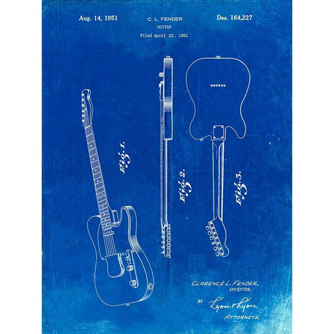 PP121- Faded Blueprint Fender Broadcaster Electric Guitar Patent Poster White Modern Wood Framed Art Print by Borders, Cole