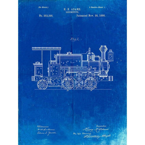 PP122- Faded Blueprint Steam Locomotive 1886 Patent Poster Gold Ornate Wood Framed Art Print with Double Matting by Borders, Cole