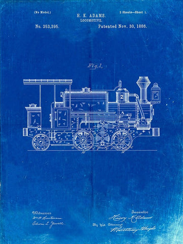 PP122- Faded Blueprint Steam Locomotive 1886 Patent Poster Black Ornate Wood Framed Art Print with Double Matting by Borders, Cole