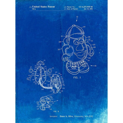PP123- Faded Blueprint Mr. Potato Head Patent Poster White Modern Wood Framed Art Print by Borders, Cole