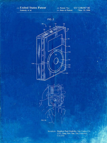 PP124- Faded Blueprint iPod Click Wheel Patent Poster White Modern Wood Framed Art Print with Double Matting by Borders, Cole