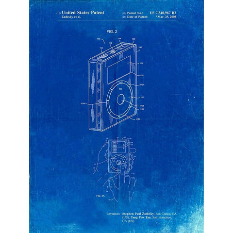PP124- Faded Blueprint iPod Click Wheel Patent Poster White Modern Wood Framed Art Print by Borders, Cole