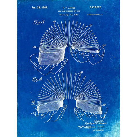PP125- Faded Blueprint Slinky Toy Patent Poster White Modern Wood Framed Art Print by Borders, Cole