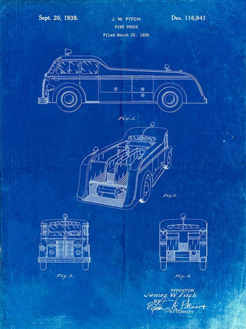 PP128- Faded Blueprint Firetruck 1939 Patent Poster White Modern Wood Framed Art Print with Double Matting by Borders, Cole