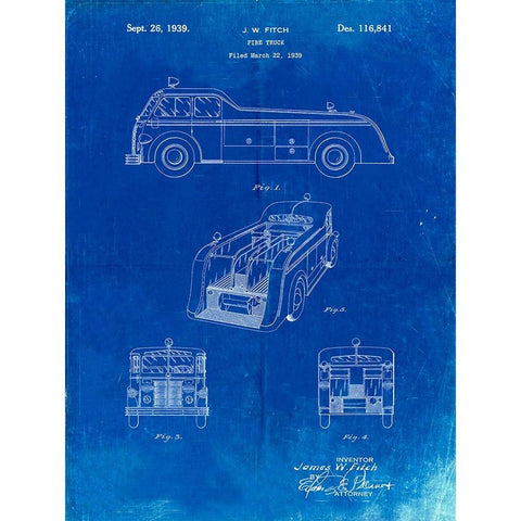 PP128- Faded Blueprint Firetruck 1939 Patent Poster Gold Ornate Wood Framed Art Print with Double Matting by Borders, Cole