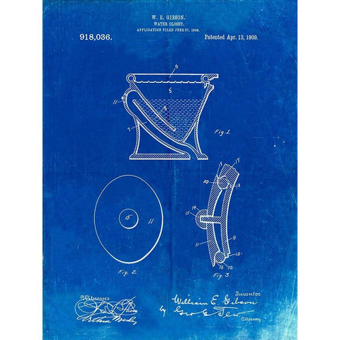 PP129- Faded Blueprint Siphoning Water Closet 1909 Patent Poster Gold Ornate Wood Framed Art Print with Double Matting by Borders, Cole