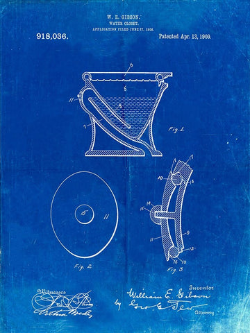 PP129- Faded Blueprint Siphoning Water Closet 1909 Patent Poster White Modern Wood Framed Art Print with Double Matting by Borders, Cole