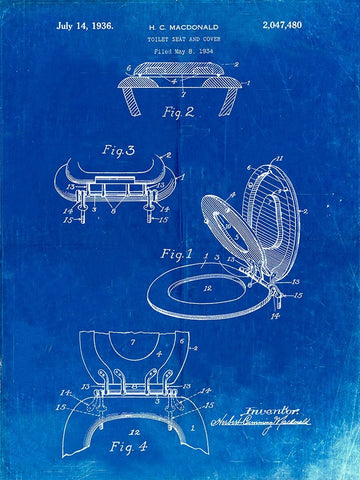 PP130- Faded Blueprint Toilet Seat Poster Black Ornate Wood Framed Art Print with Double Matting by Borders, Cole