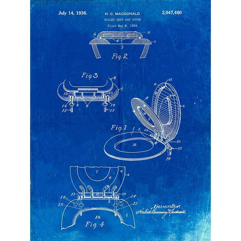 PP130- Faded Blueprint Toilet Seat Poster Black Modern Wood Framed Art Print by Borders, Cole